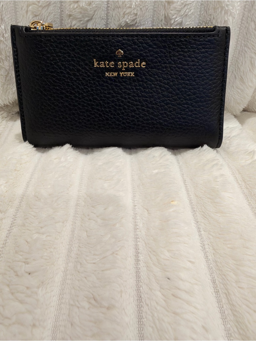 Kate Spade Black Genuine Pebbled Leather Bifold Zip Wallet Gold NWOT